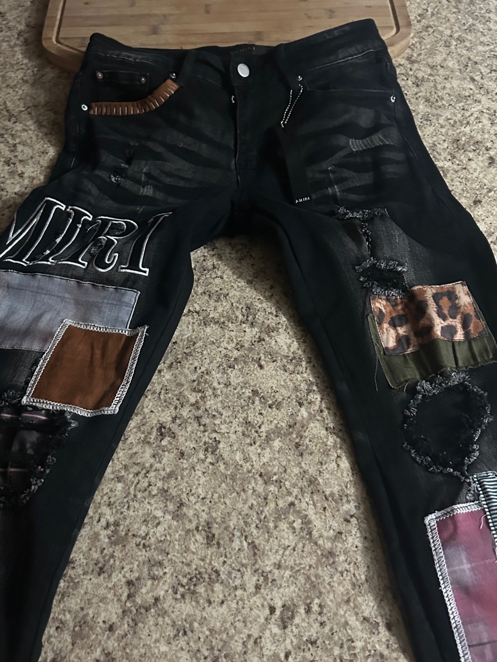 AMIRI Black Slim Patchwork Jeans with Brown & Leopard Accents